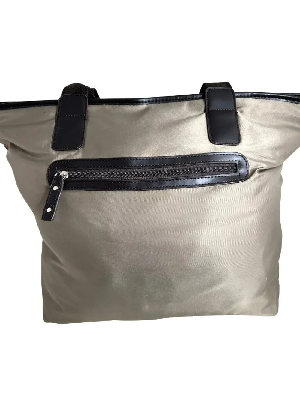 Sandra Roberts Large Tote Bag With Brown Handles & Front Zipper Pocket